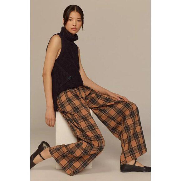 The Avery Elastic-Back Trousers by Maeve Brown Beige Plaid XL - Picture 3 of 4